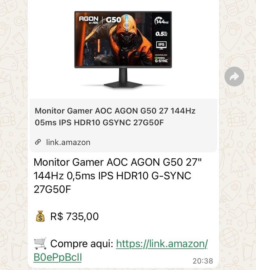Print da divulgação no grupo: Monitor Gamer AOC AGON G50 27" 144Hz IPS